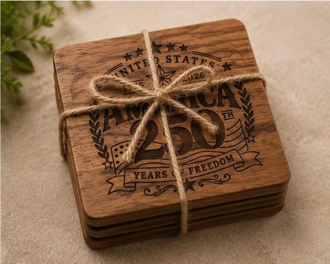 Engraved wooden coasters with a detailed anniversary design, stacked and tied with twine